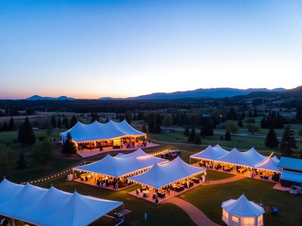 Aerial view of an outdoor event at dusk