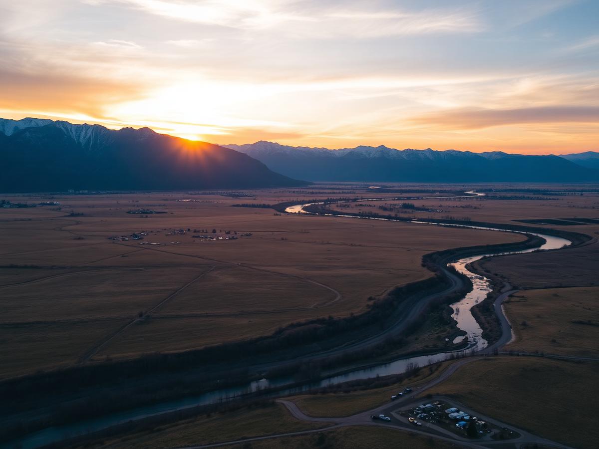 Aerial view of Colorado ranch land at sunrise