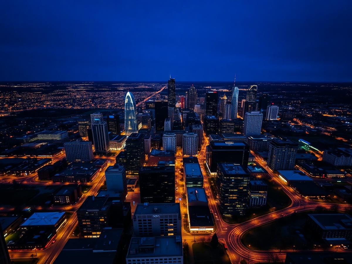 Aerial view of downtown Denver at night