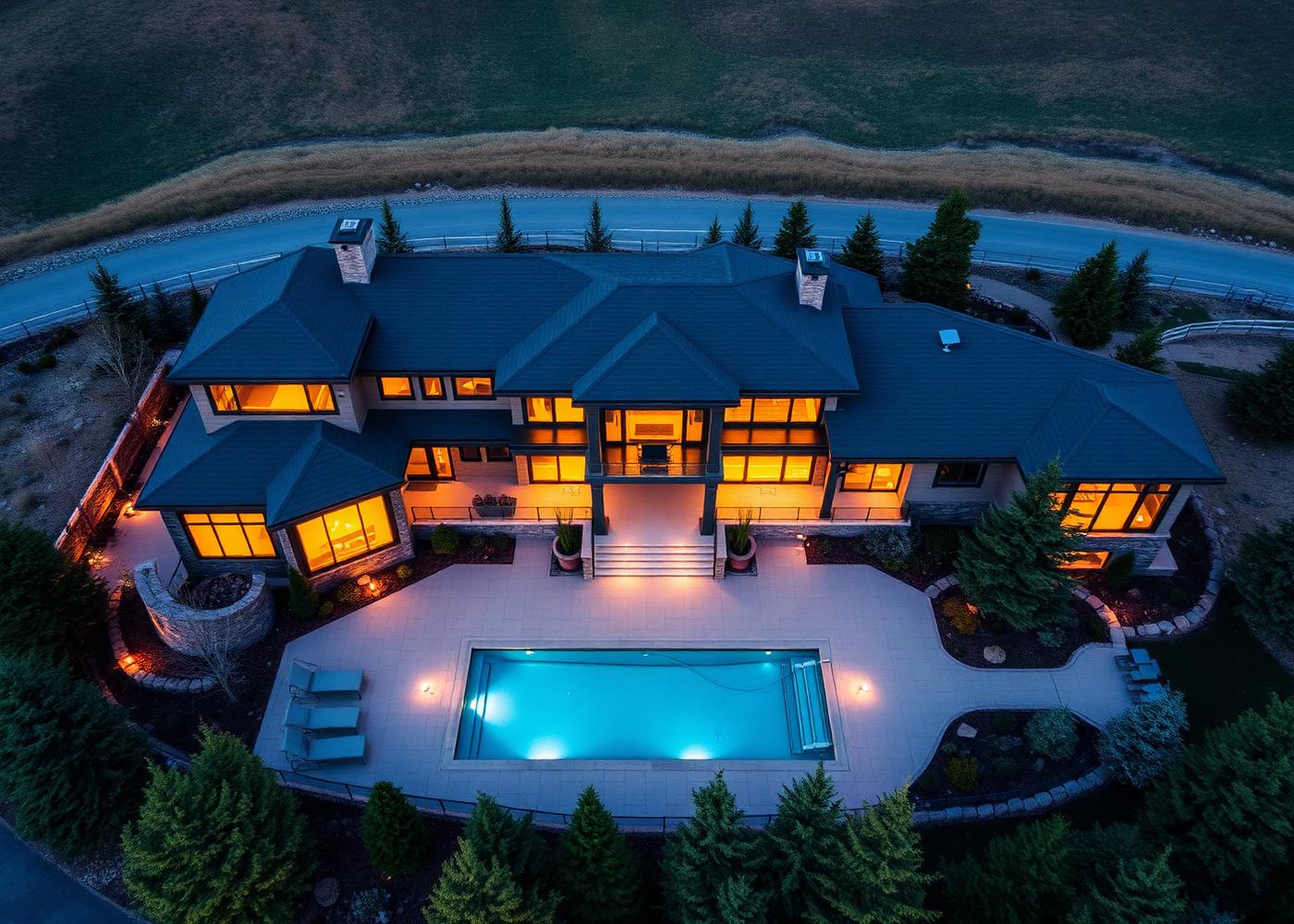 Aerial photograph of luxury real estate at dusk